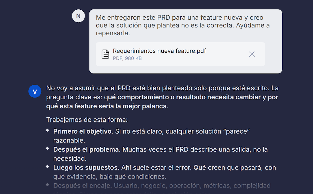 Chat con Verya sobre un PRD.
