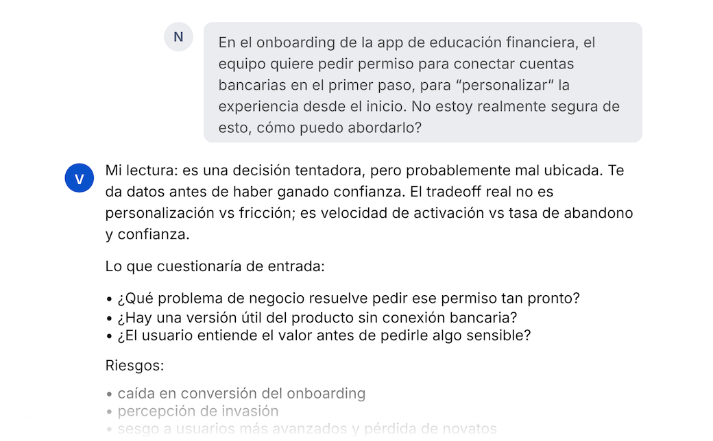 Chat con Verya sobre decisión de diseño.