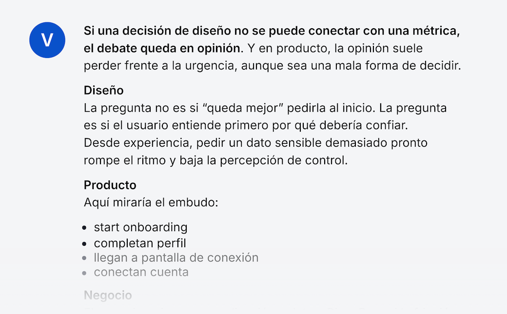 Chat con Verya sobre métricas de producto.